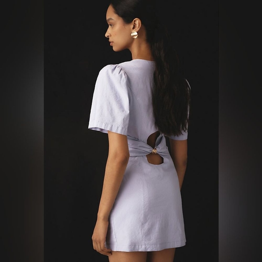 Anthropologie Maeve Puff Sleeve Linen Cutout Lilac Lavender Mini Dress Size L